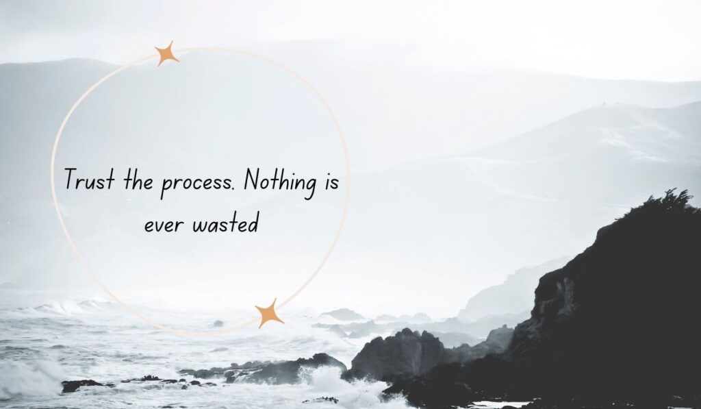 High-contrast black and white photograph of crashing ocean waves against a rocky coastline, with a thin gold circle showcasing the trusting the process quote, "Trust the process. Nothing is ever wasted"