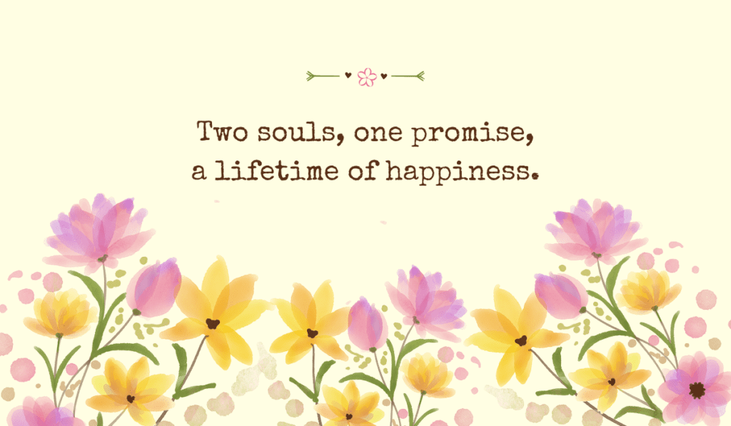 A light yellow watercolor background adorned with a border of colorful tulips along the bottom, featuring the text: "Two souls, one promise, a lifetime of happiness."