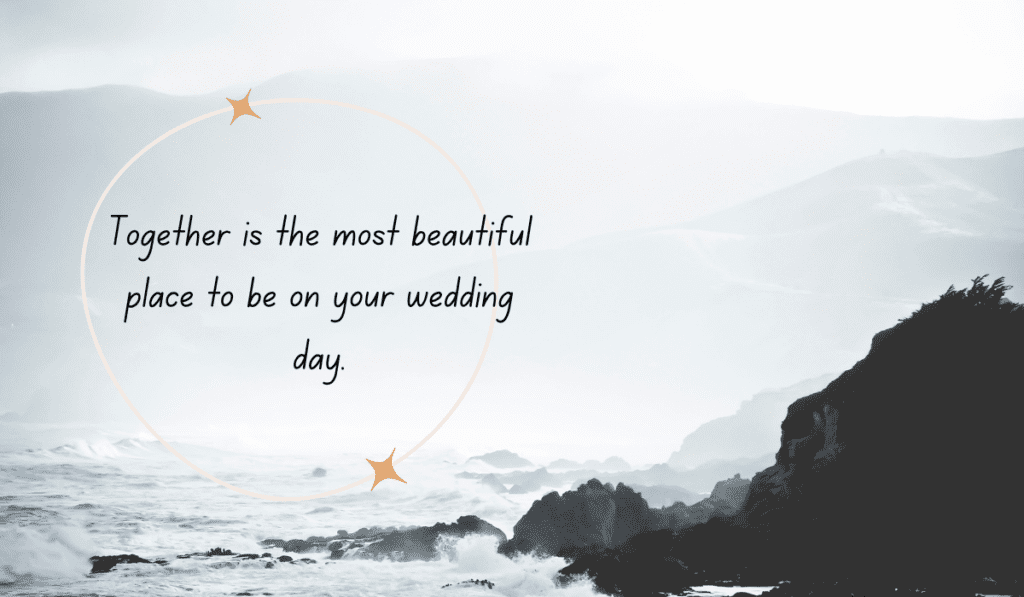 A dramatic, misty black-and-white coastal landscape with a delicate circular frame, featuring the text: "Together is the most beautiful place to be on your wedding day."