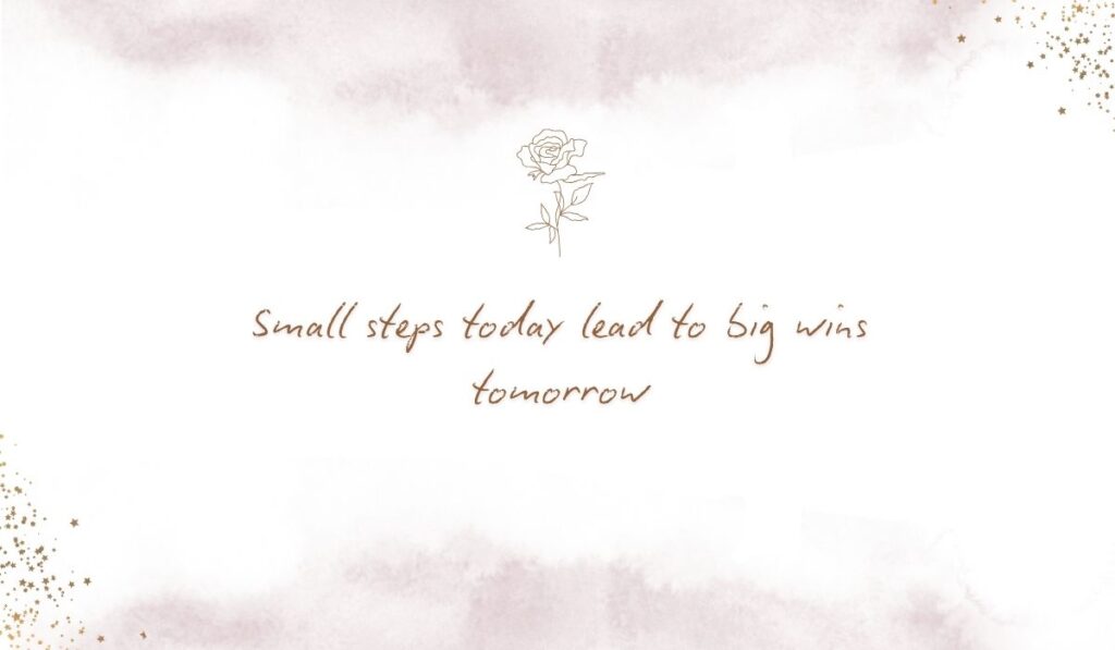 : Clean white background with subtle pink watercolor accents and a simple rose line drawing featuring the quote, "Small steps today lead to big wins tomorrow"