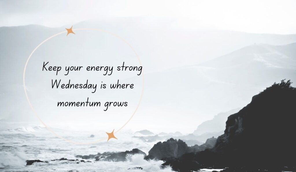 Moody black and white ocean coastline photo with a starry gold circle framing the momentum-focused text, "Keep your energy strong Wednesday is where momentum grows"