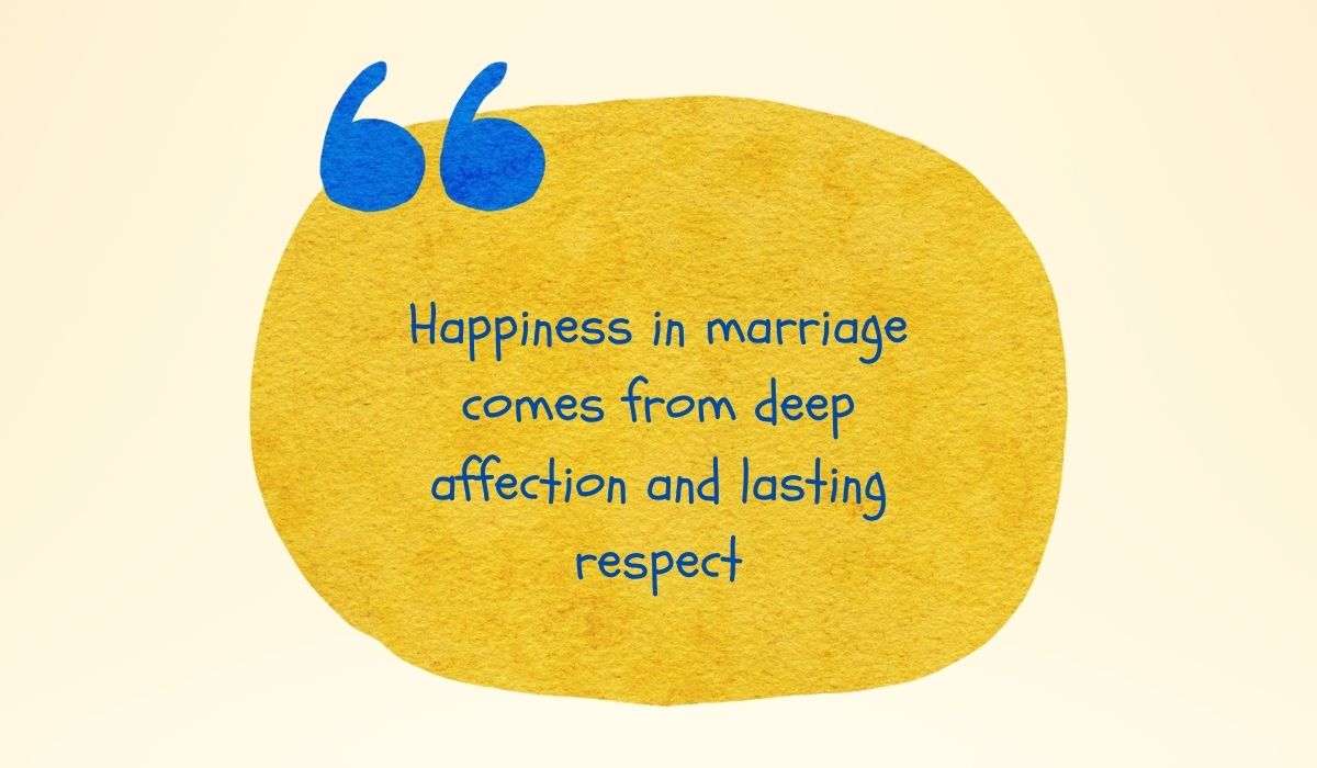 Vibrant textured golden-yellow watercolor circle accented by large painted blue quotation marks, spotlighting the expressive anniversary quotes and sayings for husband design, "Happiness in marriage comes from deep affection and lasting respect"