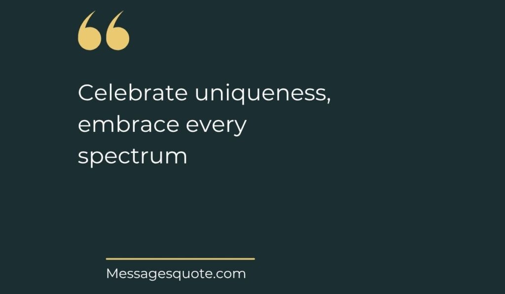 Minimalist dark slate background card with prominent gold quotation marks at the top left, spotlighting supportive quotes for autism awareness day: "Celebrate uniqueness, embrace every spectrum" above the website name Messagesquote.com.