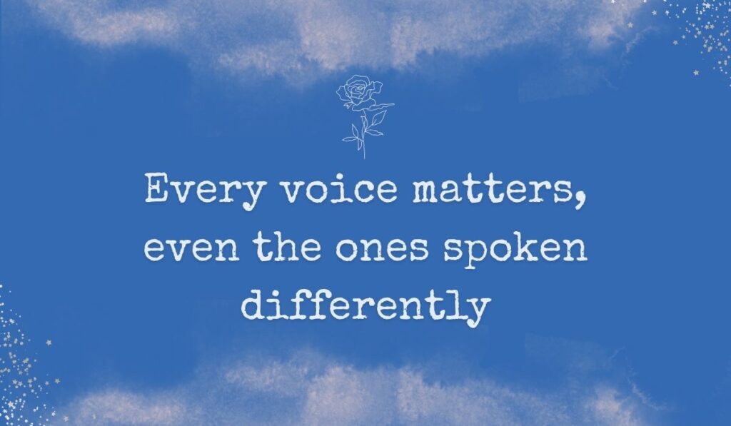 Rich royal blue watercolor background with subtle stardust detailing in the corners and a fine white line-art rose centered at the top, framing handwritten quotes for autism awareness day: "Every voice matters, even the ones spoken differently".