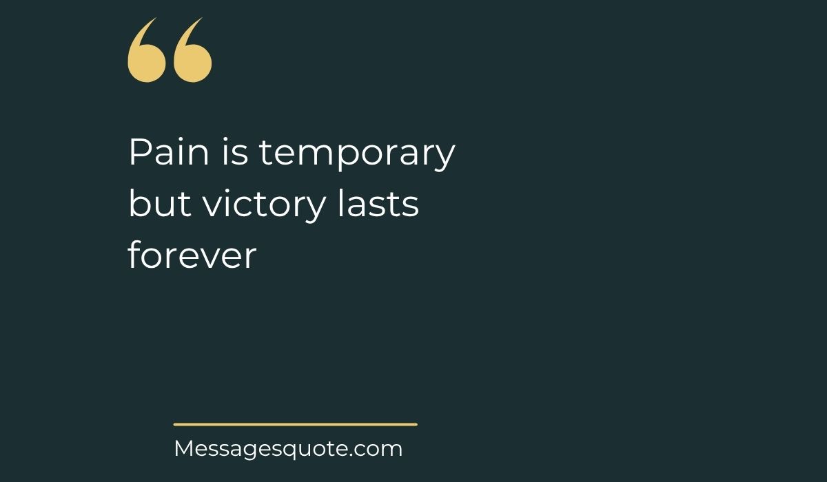 Minimalist dark slate background card with prominent gold quotation marks at the top left, spotlighting powerful best motivational quotes for athletes: "Pain is temporary but victory lasts forever" above the website name Messagesquote.com.