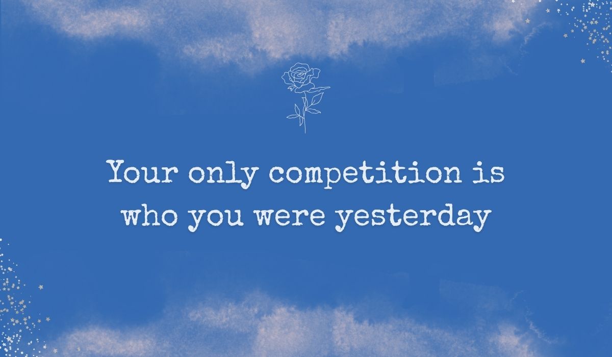 Rich royal blue watercolor background with subtle stardust detailing in the corners and a fine white line-art rose centered at the top, framing handwritten best motivational quotes for athletes: "Your only competition is who you were yesterday".
