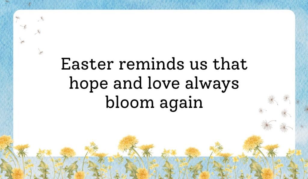 Clean white card framed by a vibrant light blue sky texture background with delicate dandelion flowers along the bottom border, showcasing uplifting Easter wishes for family and friends: "Easter reminds us that hope and love always bloom again".