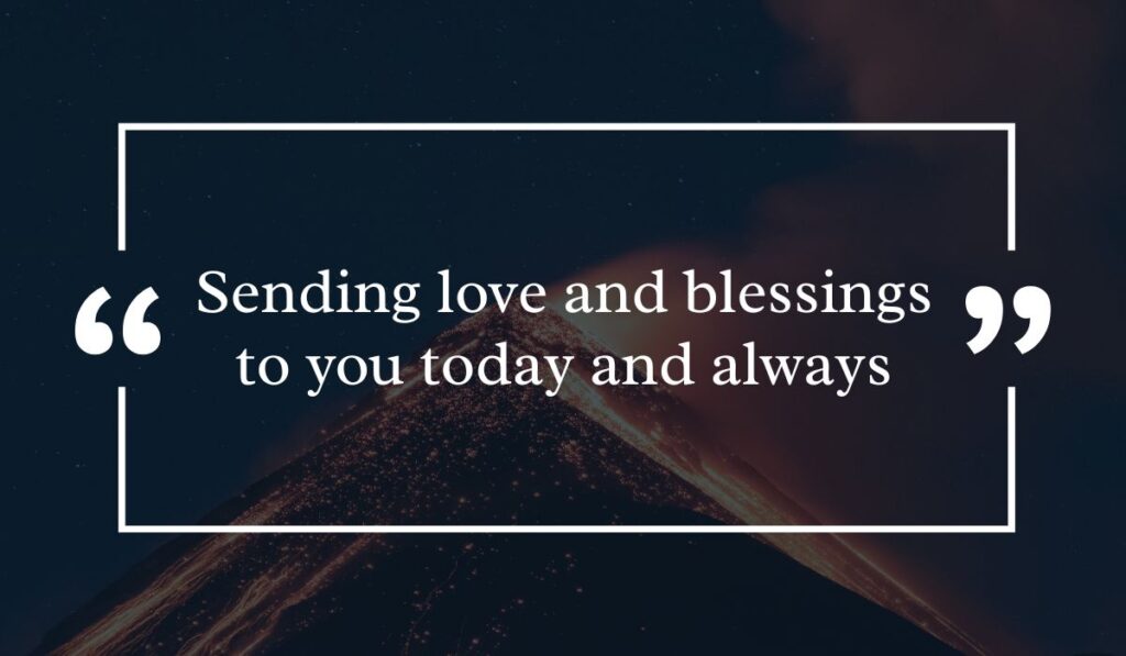 Dramatic dark night sky background featuring a lit volcanic peak at night, centered with a white quotation box highlighting sincere Easter wishes for family and friends: "Sending love and blessings to you today and always".