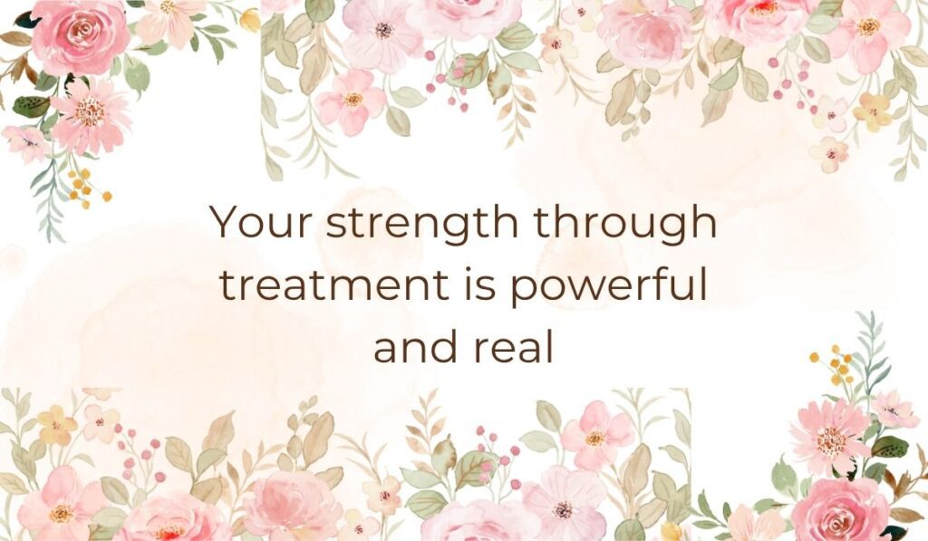 Elegant white card bordered with soft pink watercolor flowers and green leaves along the top and bottom edges, highlighting encouraging quotes for breast cancer that read, "Your strength through treatment is powerful and real".