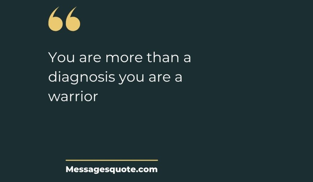 Minimalist dark slate background card with prominent gold quotation marks at the top left, spotlighting powerful encouraging quotes for breast cancer: "You are more than a diagnosis you are a warrior" above the website name Messagesquote.com.