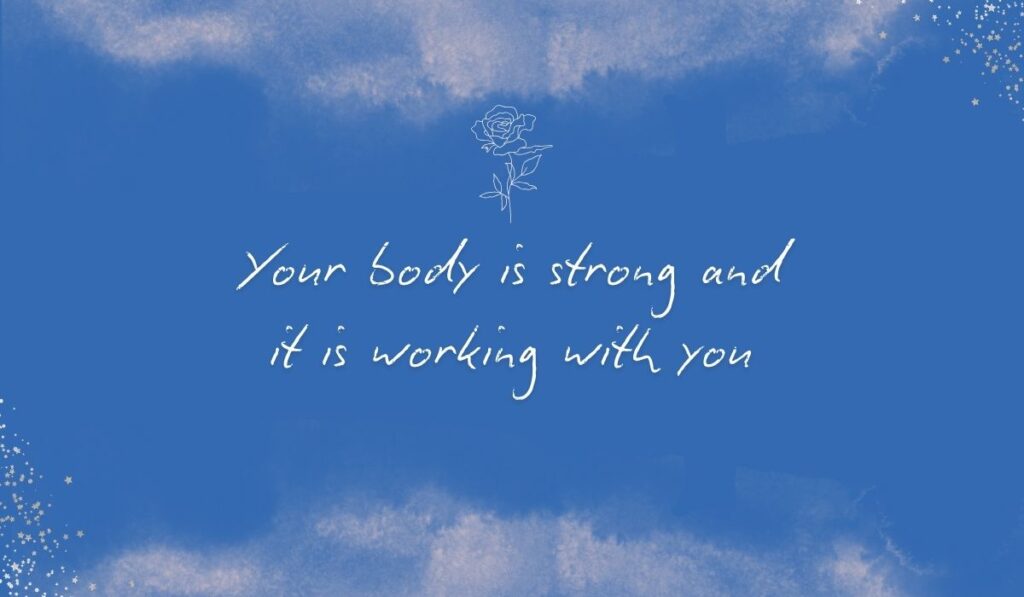 Rich royal blue watercolor background with subtle stardust detailing in the corners and a fine white line-art rose centered at the top, framing handwritten encouraging quotes for breast cancer: "Your body is strong and it is working with you".