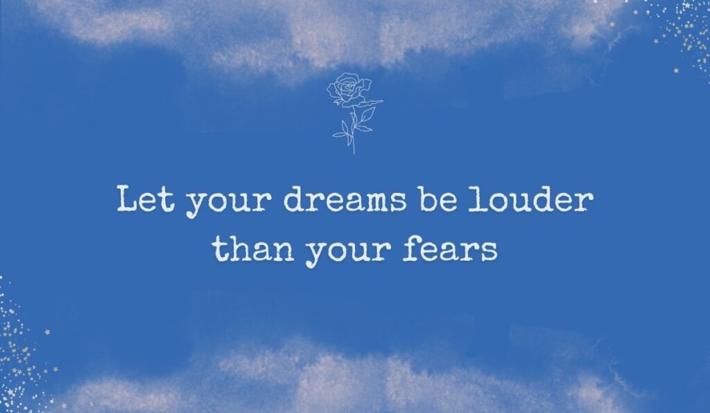 Rich royal blue watercolor background with subtle stardust detailing in the corners and a fine white line-art rose centered at the top, framing empowering Facebook quotes for cover photo: "Let your dreams be louder than your fears".