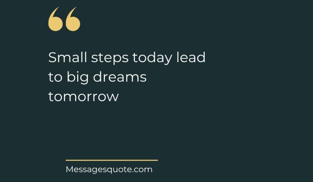 Minimalist dark slate background card with prominent gold quotation marks at the top left, spotlighting motivational graduation quotes for 5th graders: "Small steps today lead to big dreams tomorrow" above the website name Messagesquote.com.