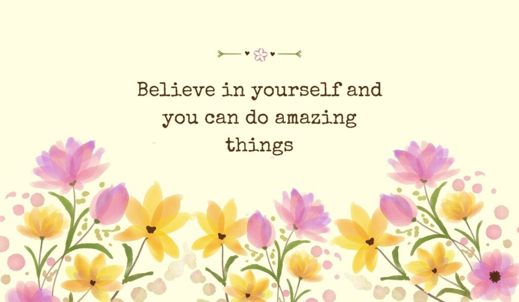 Bright pastel yellow graphic filled across the bottom with a row of delicate watercolor tulips and field flowers, showcasing inspiring graduation quotes for 5th graders: "Believe in yourself and you can do amazing things".