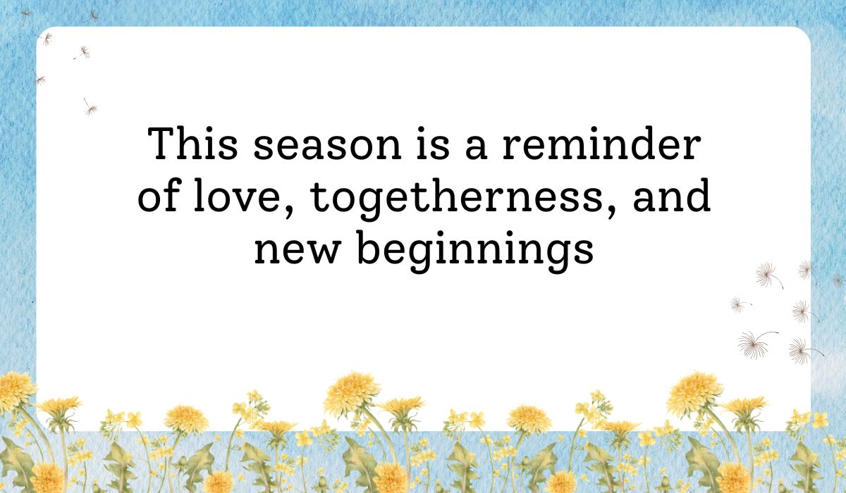 greeting-card-messages-for-holidays (4) Clean white card framed by a vibrant light blue sky texture background with delicate dandelion flowers along the bottom border, showcasing thoughtful greeting card messages for holidays: "This season is a reminder of love, togetherness, and new beginnings".