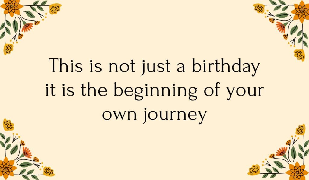 Cream-colored card decorated with colorful orange and yellow floral vine illustrations in each corner, featuring thoughtful happy 18th birthday wishes: "This is not just a birthday it is the beginning of your own journey".