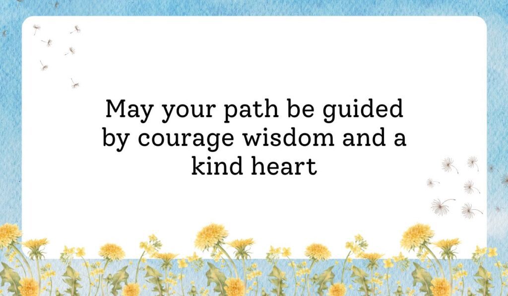 Clean white card framed by a vibrant light blue sky texture background with delicate dandelion flowers along the bottom border, showcasing warm happy 18th birthday wishes: "May your path be guided by courage wisdom and a kind heart".