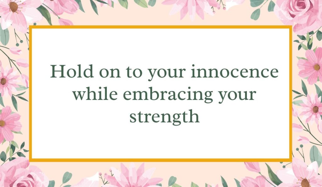 Bright white card enclosed by an elegant border of pink watercolor roses and green leaves with a thin gold inner frame, displaying meaningful happy 18th birthday wishes: "Hold on to your innocence while embracing your strength".