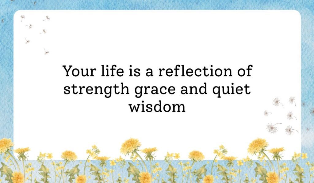 Clean white card framed by a vibrant light blue sky texture background with delicate dandelion flowers along the bottom border, showcasing heartfelt happy birthday wishes for 50th birthday: "Your life is a reflection of strength grace and quiet wisdom".