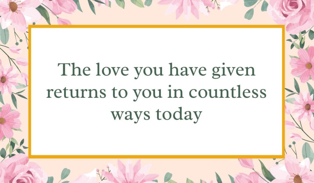 Bright white card enclosed by an elegant border of pink watercolor roses and green leaves with a thin gold inner frame, displaying warm happy birthday wishes for 50th birthday: "The love you have given returns to you in countless ways today".