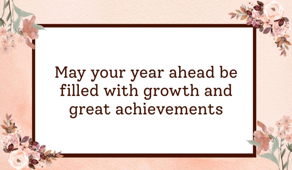 Classic white rectangular card with a dark brown border set against a textured peach watercolor background with floral accents, highlighting professional happy birthday wishes for coworker: "May your year ahead be filled with growth and great achievements".