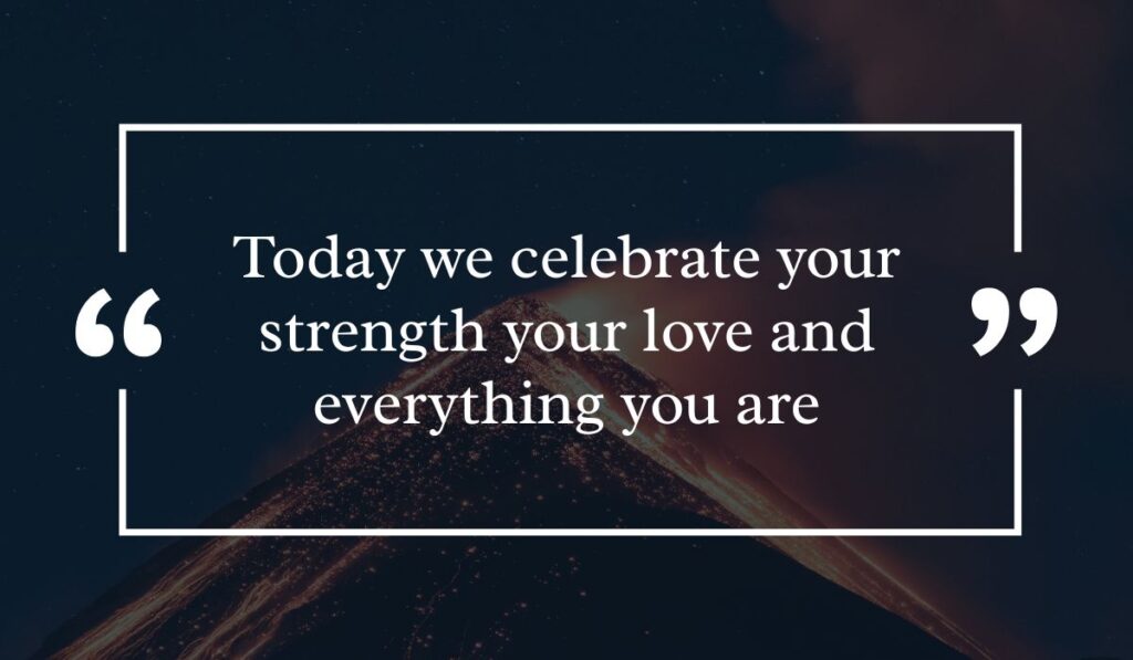 Dramatic dark night sky background featuring a lit volcanic peak at night, centered with a white quotation box highlighting celebratory happy mothers day wishes for all moms: "Today we celebrate your strength your love and everything you are".