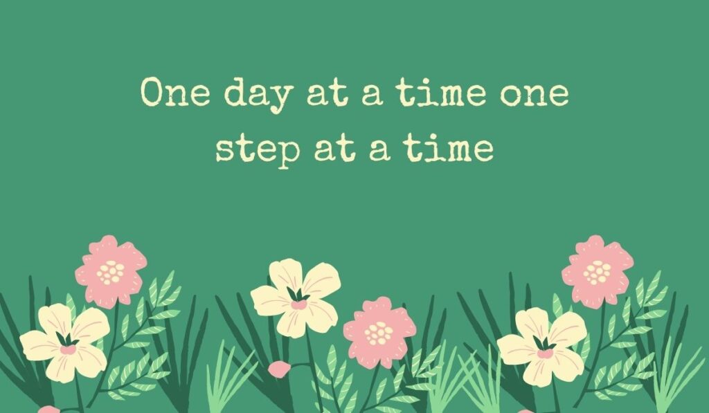 Deep sage green background decorated along the bottom with a patch of simple pink and cream wildflowers, featuring typed inspirational motivational quotes for cancer patients: "One day at a time one step at a time".