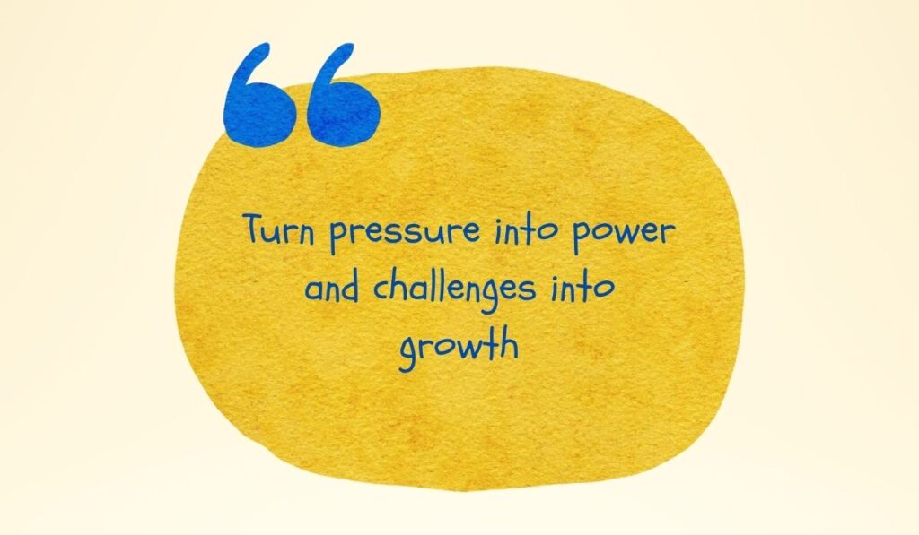 Vibrant textured golden-yellow watercolor circle accented by large painted blue quotation marks at the top left, spotlighting empowering motivational quotes for college students: "Turn pressure into power and challenges into growth".