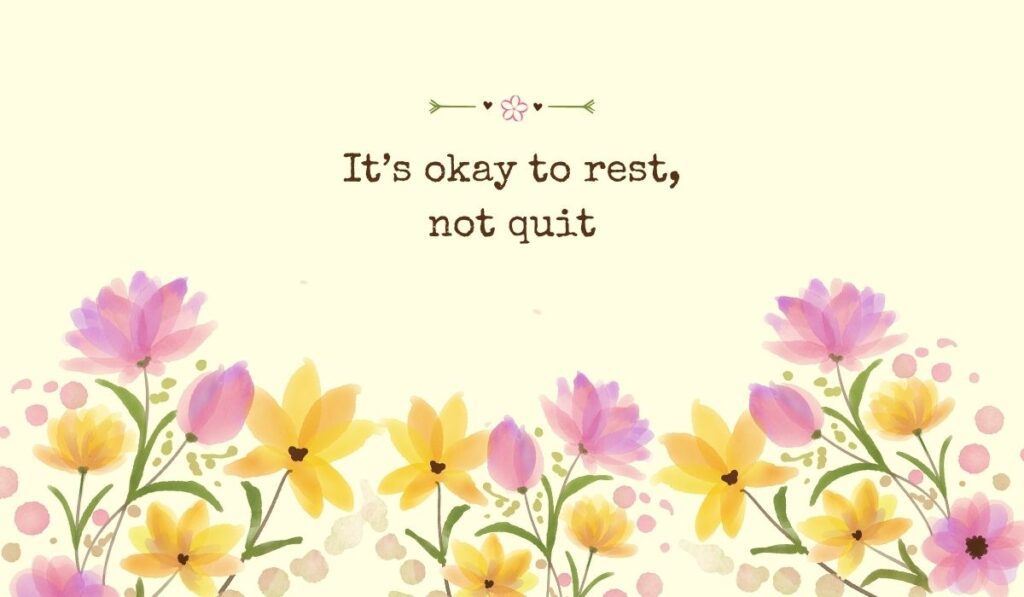Bright pastel yellow graphic filled across the bottom with a row of delicate watercolor tulips and field flowers, showcasing supportive positive quotes for mental health: "It's okay to rest, not quit".