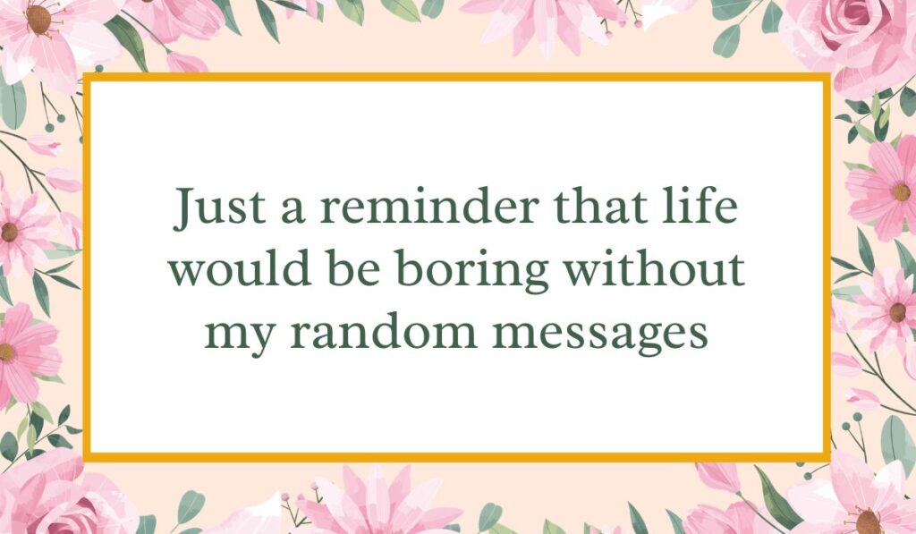 Pink floral border graphic showcasing amusing prank text messages for friends with text, "Just a reminder that life would be boring without my random messages."