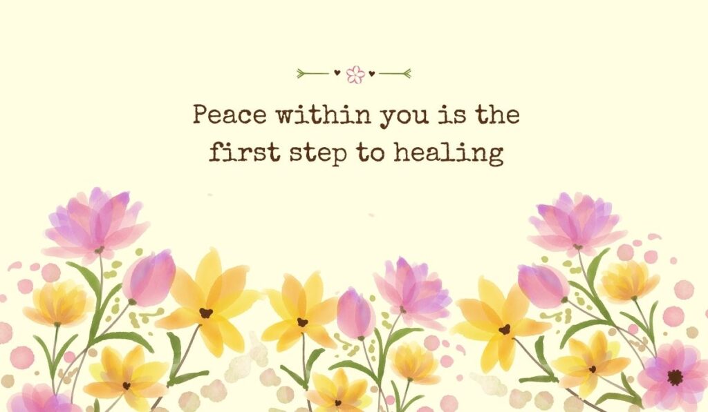 Bright pastel yellow graphic filled across the bottom with a row of delicate watercolor tulips and field flowers, showcasing uplifting quotes for prayers of healing: "Peace within you is the first step to healing".