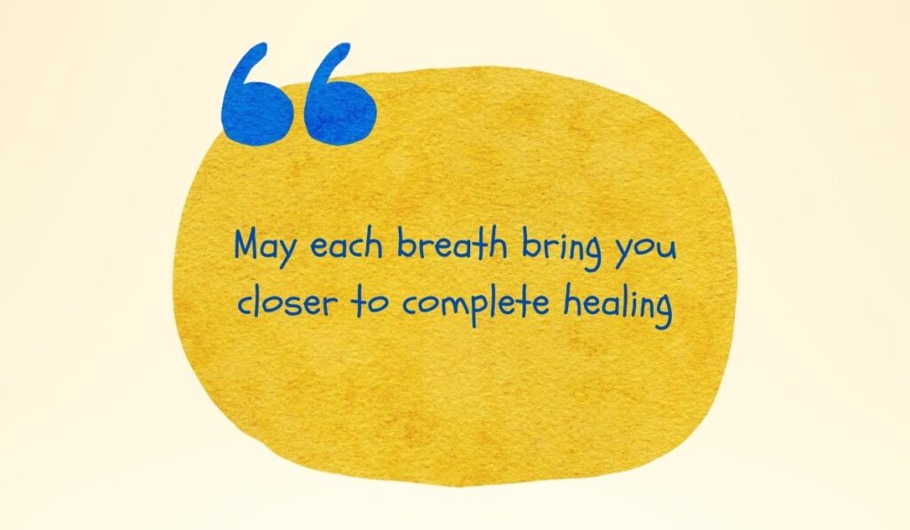 Vibrant textured golden-yellow watercolor circle accented by large painted blue quotation marks at the top left, spotlighting empowering quotes for prayers of healing: "May each breath bring you closer to complete healing".
