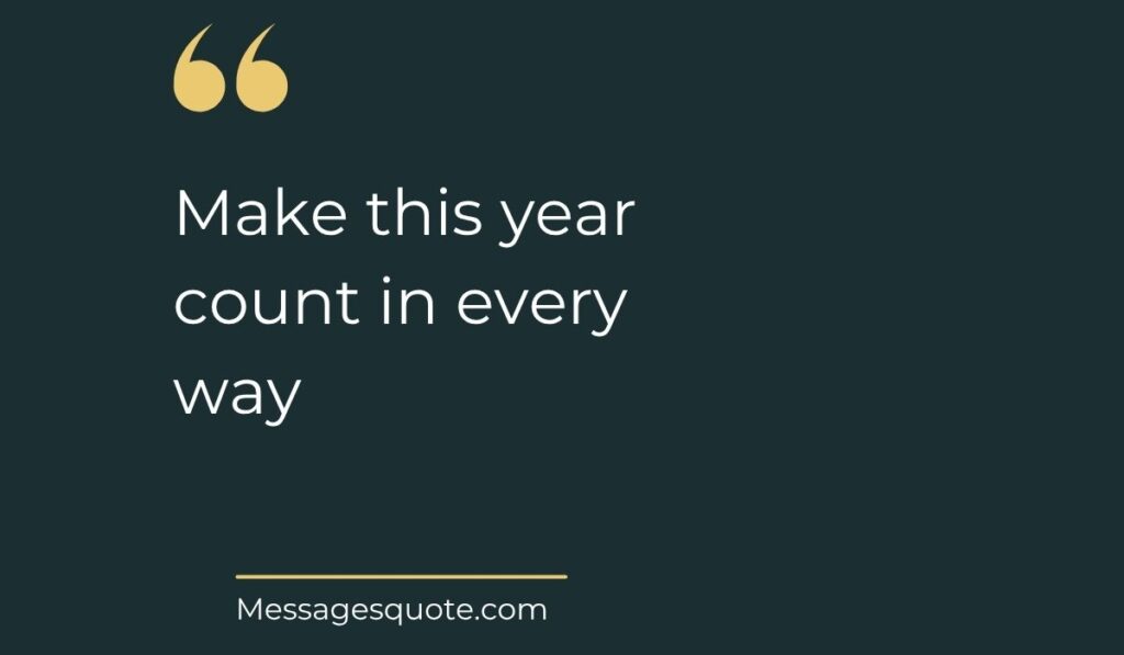 Minimalist dark slate background card with prominent gold quotation marks at the top left, spotlighting encouraging quotes for the new year: "Make this year count in every way" above the website name Messagesquote.com.