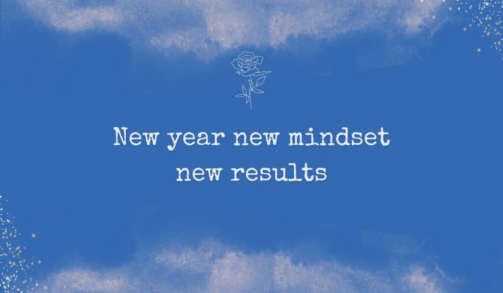 Rich royal blue watercolor background with subtle stardust detailing in the corners and a fine white line-art rose centered at the top, framing empowering quotes for the new year: "New year new mindset new results".