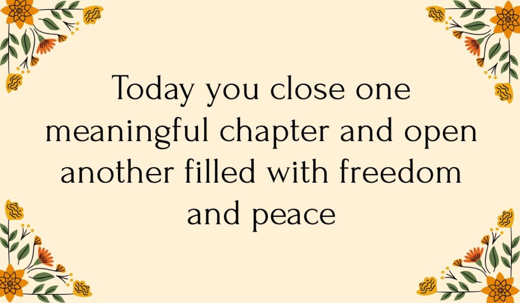 Cream-colored card decorated with colorful orange and yellow floral vine illustrations in each corner, featuring sweet retirement wishes for a friend: "Today you close one meaningful chapter and open another filled with freedom and peace".