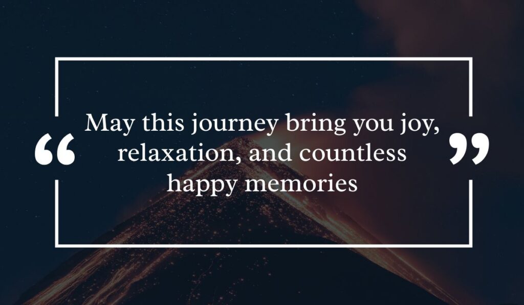 Dramatic dark night sky background featuring a lit volcanic peak at night, centered with a white quotation box highlighting uplifting retirement wishes for a friend: "May this journey bring you joy, relaxation, and countless happy memories".
