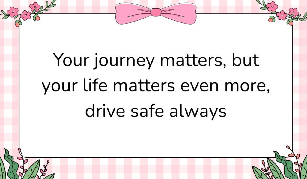 Charming white card featuring a pink gingham background pattern and a large pink bow graphic at the top center, displaying safety messages for truck drivers: "Your journey matters, but your life matters even more, drive safe always".