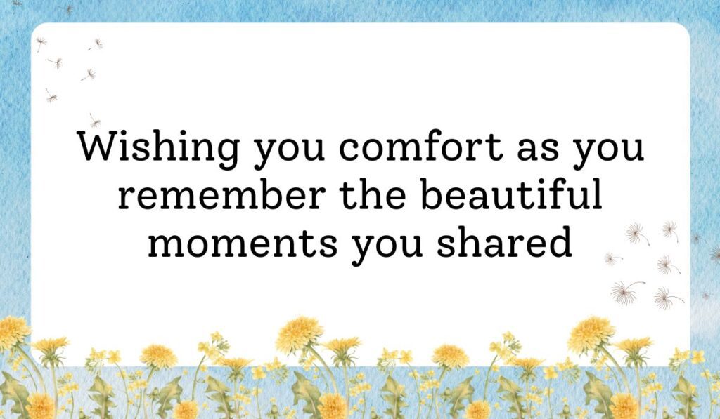 Clean white card framed by a vibrant light blue sky texture background with delicate dandelion flowers along the bottom border, showcasing thoughtful short messages for loss of pet: "Wishing you comfort as you remember the beautiful moments you shared".