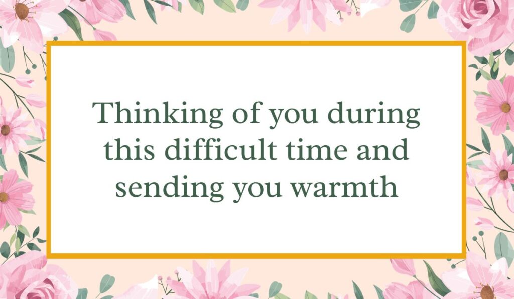 Bright white card enclosed by an elegant border of pink watercolor roses and green leaves with a thin gold inner frame, displaying heartfelt short messages for loss of pet: "Thinking of you during this difficult time and sending you warmth".