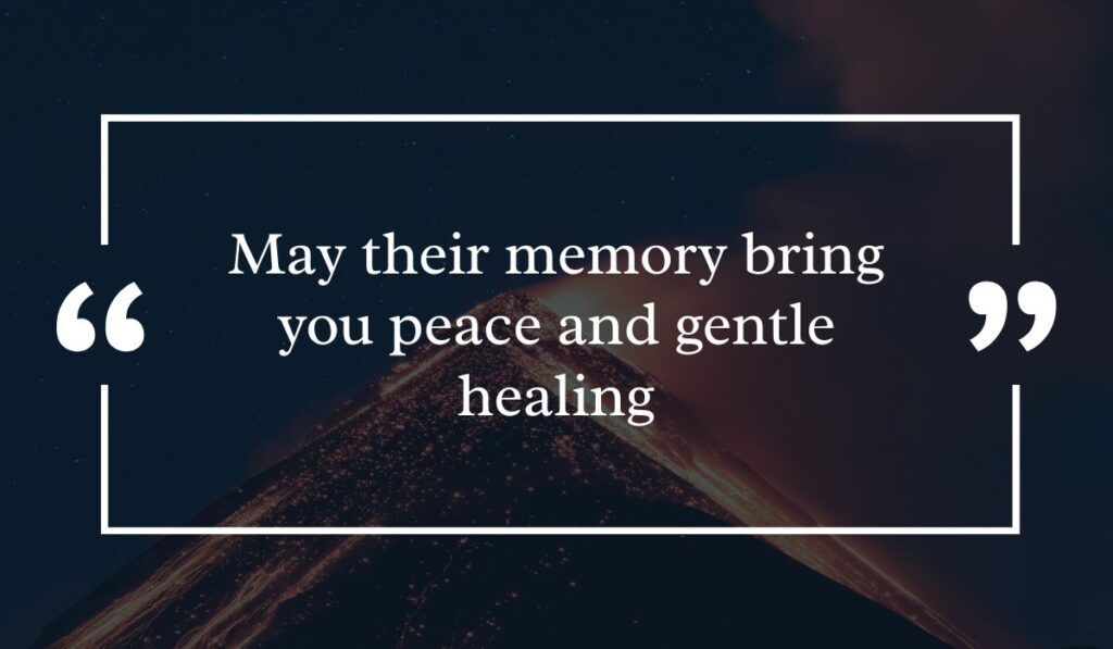 Dramatic dark night sky background featuring a lit volcanic peak at night, centered with a white quotation box highlighting peaceful short messages for loss of pet: "May their memory bring you peace and gentle healing".