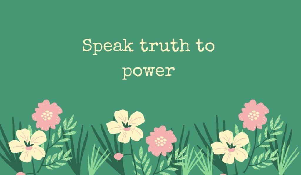 Deep sage green card featuring a row of simple pink and cream wildflowers along the bottom, displaying typed, impactful short quotes for protest signs: "Speak truth to power".