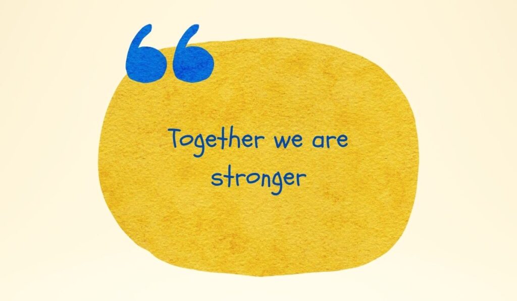 Vibrant textured golden-yellow watercolor circle accented by large painted blue quotation marks at the top left, spotlighting unifying short quotes for protest signs: "Together we are stronger".