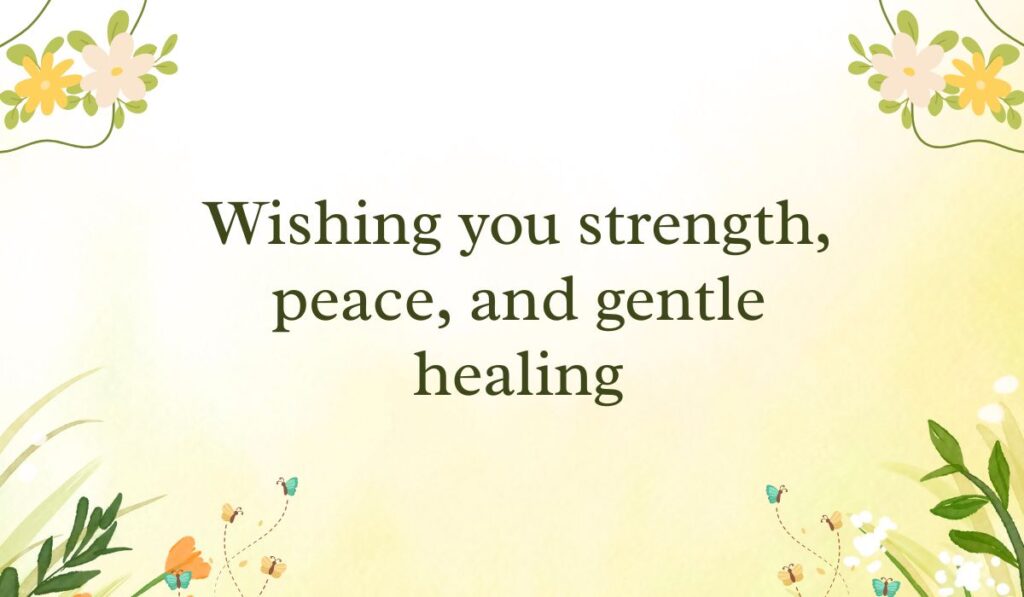 Soft pastel yellow gradient background framed with simple white and yellow flower vine graphics in the corners, spotlighting a peaceful short sympathy message for loss of mother: "Wishing you strength, peace, and gentle healing".