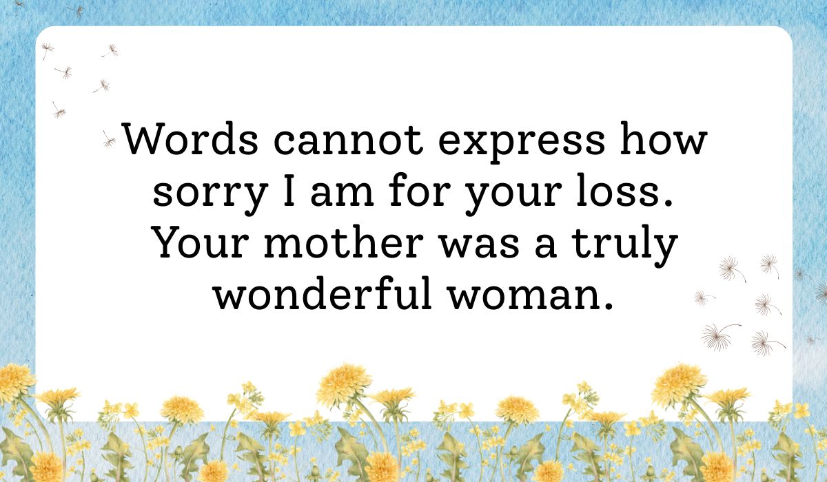 Clean white card framed by a vibrant light blue sky texture background with delicate dandelion flowers along the bottom border, showcasing heartfelt sympathy wishes for loss of mother: "Words cannot express how sorry I am for your loss. Your mother was a truly wonderful woman."
