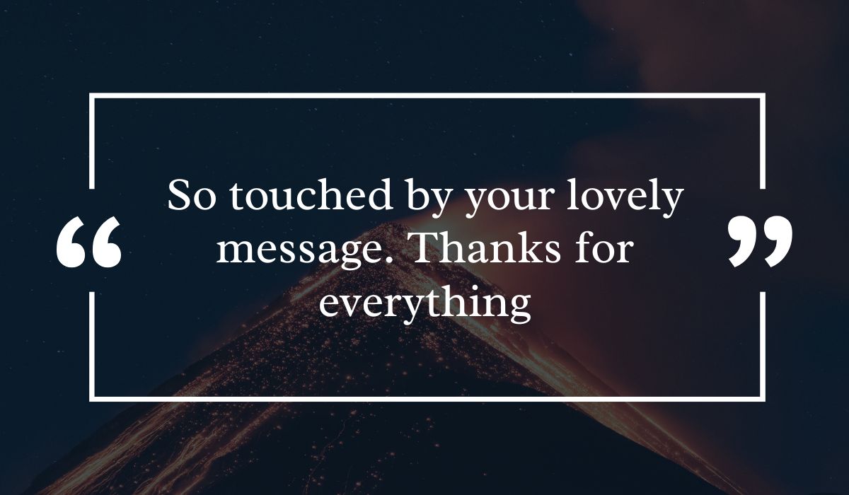 Dramatic dark night sky background featuring a lit volcanic peak at night, centered with a white quotation box highlighting a grateful thank you message for all the birthday wishes: "So touched by your lovely message. Thanks for everything".