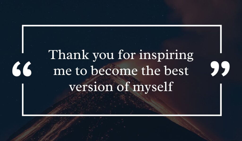Dramatic dark night sky background featuring a lit volcanic peak at night, centered with a white quotation box highlighting inspiring thank you messages for teachers: "Thank you for inspiring me to become the best version of myself".