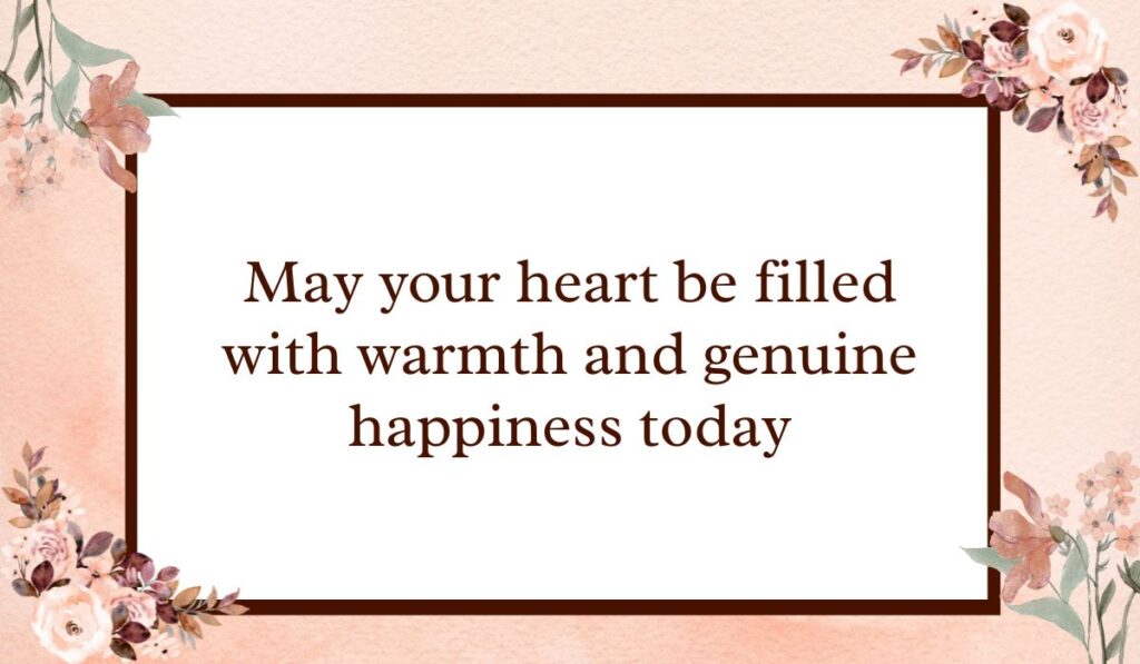 Classic white rectangular card with a dark brown border set against a textured peach watercolor background with floral accents, highlighting warm valentine day wishes for everyone: "May your heart be filled with warmth and genuine happiness today".