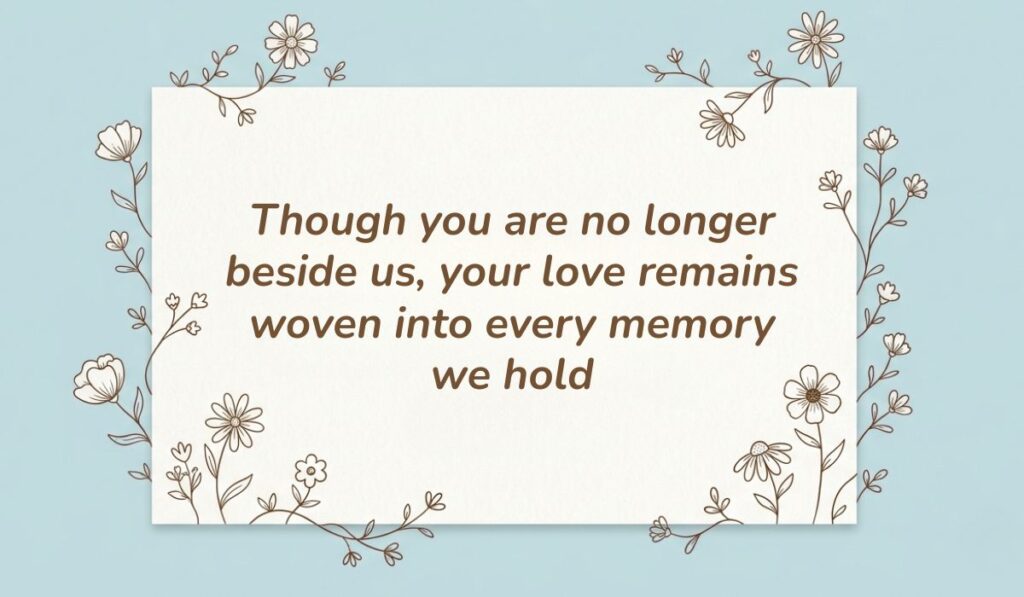 Light blue floral frame card with death quotes for loved ones reading, "Though you are no longer beside us, your love remains woven into every memory we hold"