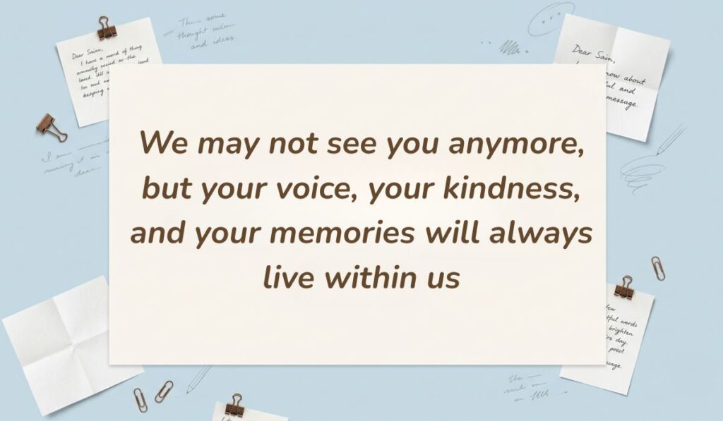 Light blue stationery background with memo notes and clips showing death quotes for loved ones reading, "We may not see you anymore, but your voice, your kindness, and your memories will always live within us"