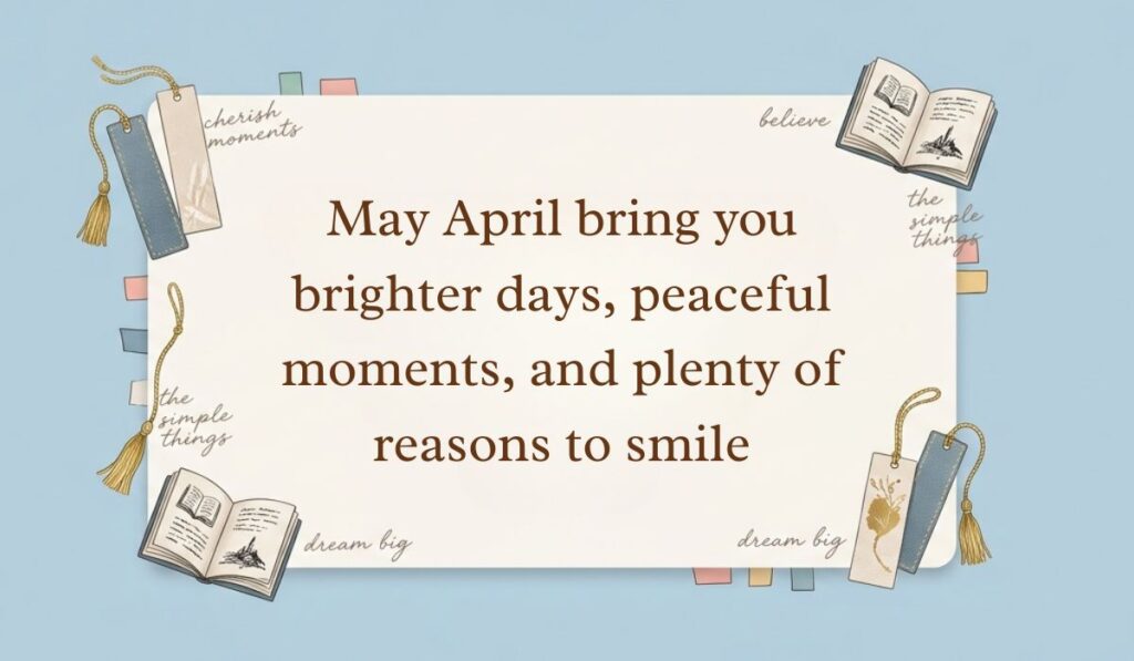 Soft blue desktop background decorated with tasseled bookmarks, open mini books, and page tabs showcasing April quotes reading, "May April bring you brighter days, peaceful moments, and plenty of reasons to smile."